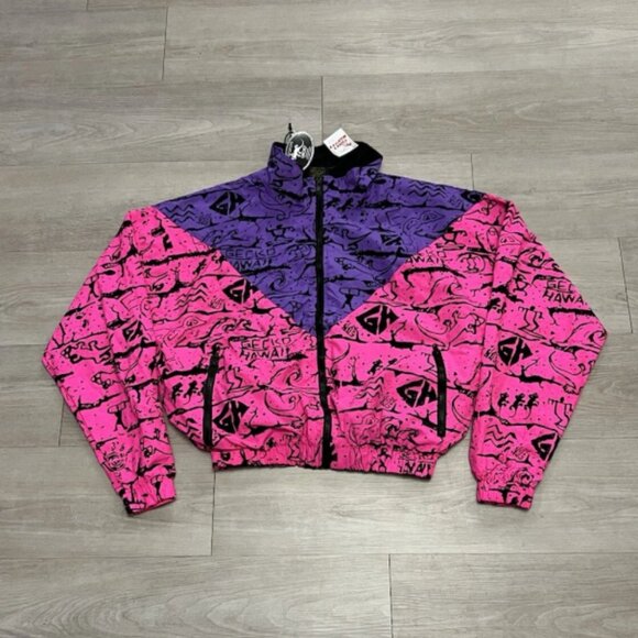Vintage Gecko Hawaii Neon Pink Purple All Over Print Windbreaker Jacket - Picture 1 of 10